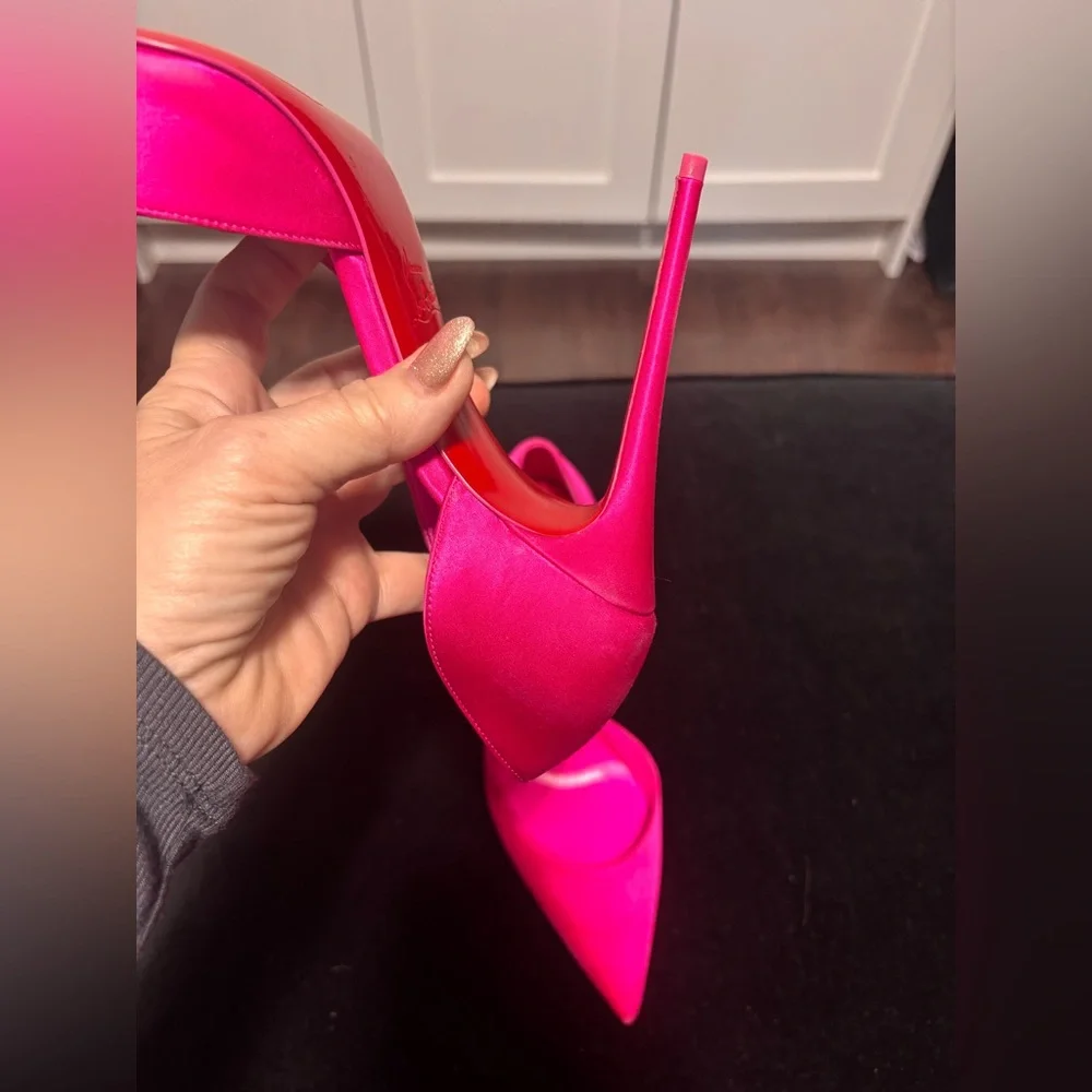 Louboutin Pink Satin Iriza Pointed-Toe Stiletto Pumps 40 - Picture 8 of 13